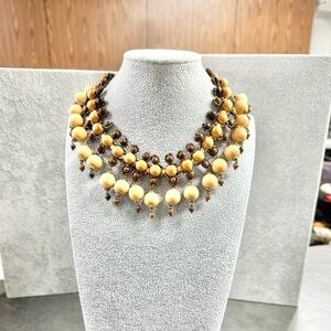 Vintage Boho Natural Wood And Seed Beaded Dangle Choker Statement Necklace